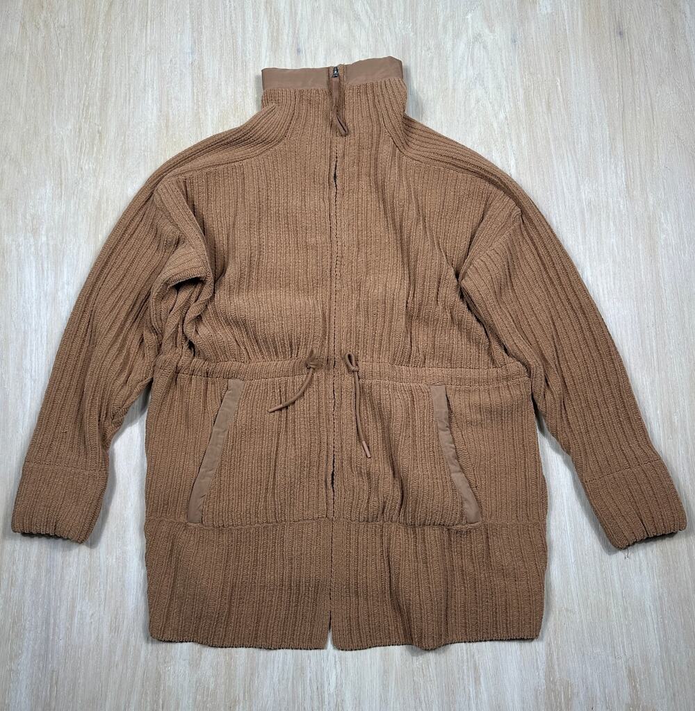 FLX Camel Brown Ribbed Knit Full Zip Sweater Jacket Drawstring Pockets Large